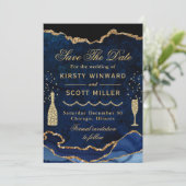 Blue & Gold Imitats Glitzer Marble Agate Wedding Save The Date (Stehend Vorderseite)