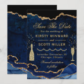 Blue & Gold Imitats Glitzer Marble Agate Wedding Save The Date (Vorne/Hinten)