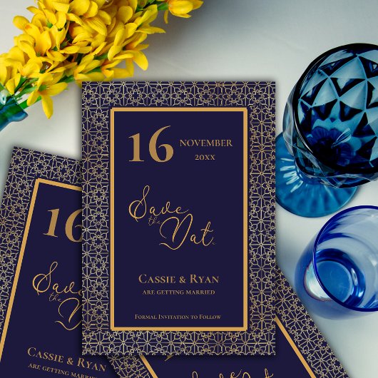 Blue Gold Intricate Design Wedding Save the Date