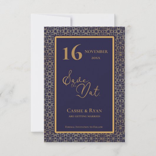 Blue Gold Intricate Design Wedding Save the Date (Vorderseite)