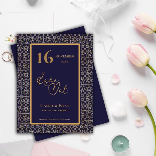 Blue Gold Intricate Design Wedding Save the Date Einladungspostkarte