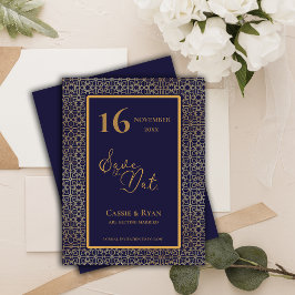 Blue Gold Intricate Design Wedding Save the Date Magnetkarte