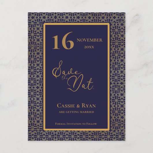 Blue Gold Intricate Design Wedding Save the Date Postkarte (Vorderseite)