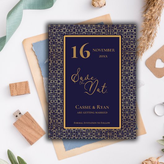 Blue Gold Intricate Design Wedding Save the Date Postkarte