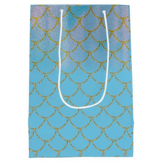 Blue & Gold Iridescent Shimmer Mermaid Party Mittlere Geschenktüte (Rückseite)
