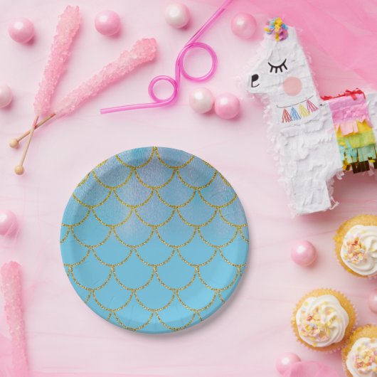 Blue & Gold Iridescent Shimmer Mermaid Party Pappteller (Party)