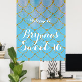 Blue & Gold Iridescent Shimmer Mermaid Party Poster (Heimbüro)