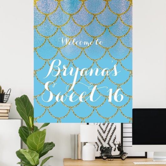 Blue & Gold Iridescent Shimmer Mermaid Party Poster (Heimbüro)