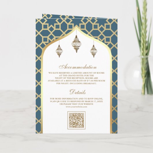 Blue Gold Islamisches Muster QR Code Muslime Hochz Einladung (Rückseite)