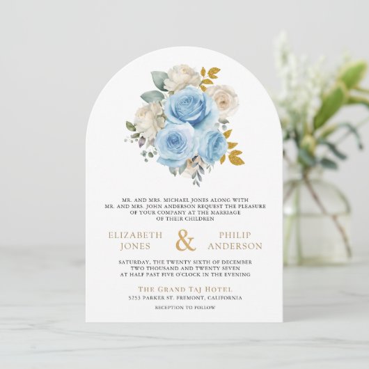 Blue Gold Ivory Floral Rose QR Code Foto Hochzeit Einladung (Stehend Vorderseite)