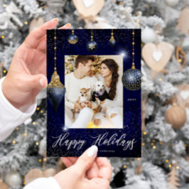Blue Gold Jewel Ornament Foto Holiday Card Feiertagskarte