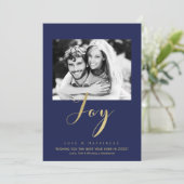Blue & Gold JOY Urlaub New Years Foto Einladung (Stehend Vorderseite)
