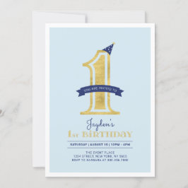 Blue & Gold | Junge 1. Geburtstag Party Einladung