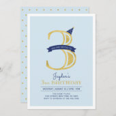 Blue & Gold | Junge 3. Geburtstag Party Einladung (Vorne/Hinten)