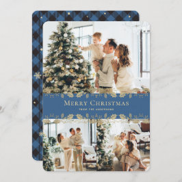 Blue Gold Kariert Botanisches Foto Frohe Weihnacht Feiertagskarte