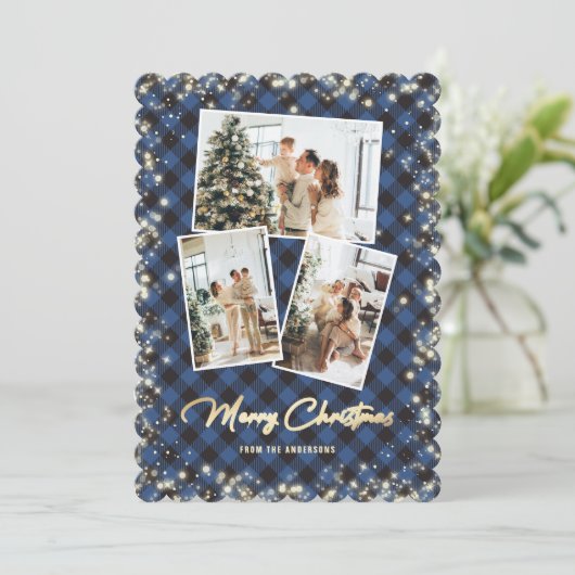 Blue Gold Kariert Foto Collage Frohe Weihnachten (Stehend Vorderseite)