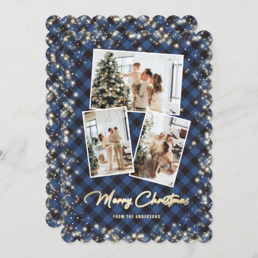 Blue Gold Kariert Foto Collage Frohe Weihnachten (Vorne/Hinten)