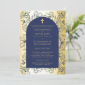 Blue Gold Katholic Nuptial Mass Wedding Einladung (Stehend Vorderseite)