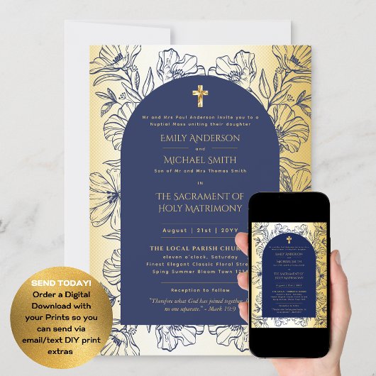 Blue Gold Katholic Nuptial Mass Wedding Einladung