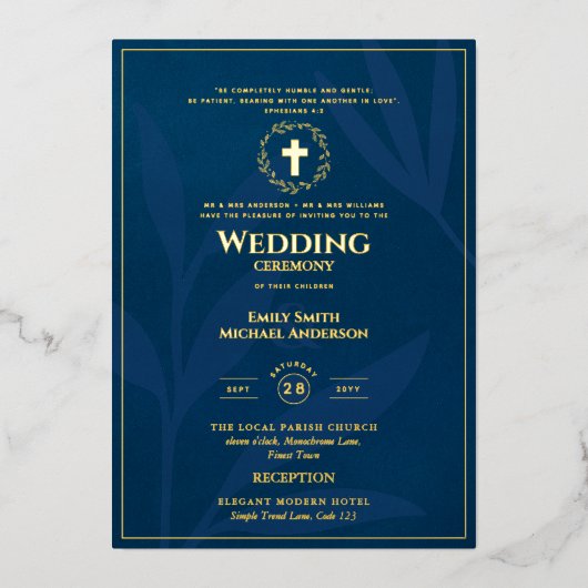 Blue Gold Katholic Wedding Elegante Formal Modern Folieneinladung (Vorderseite)