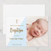 Blue Gold Kreuz Custom Modern Baby Boy Taufe Dankeskarte (Vorne/Hinten)
