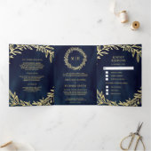 Blue Gold Leaf Zweigstelle in einer Hochzeit Dreifach Gefaltete Einladung (Innenseite)