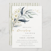 Blue Gold Leafy Botanical Floral Couples Dusche Einladung (Vorne/Hinten)