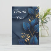 Blue & Gold Leaves on Navy Blue Thank You Card Einladung (Stehend Vorderseite)
