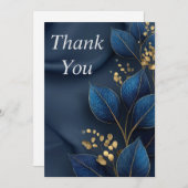 Blue & Gold Leaves on Navy Blue Thank You Card Einladung (Vorne/Hinten)