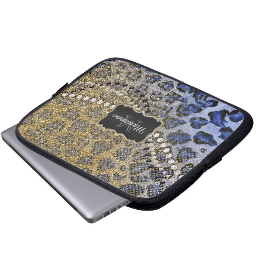 Blue Gold Leopard Animal Print Glitzer Look Jewel Laptopschutzhülle (Vorne Knopf)