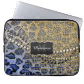 Blue Gold Leopard Animal Print Glitzer Look Jewel Laptopschutzhülle (Vorderseite)
