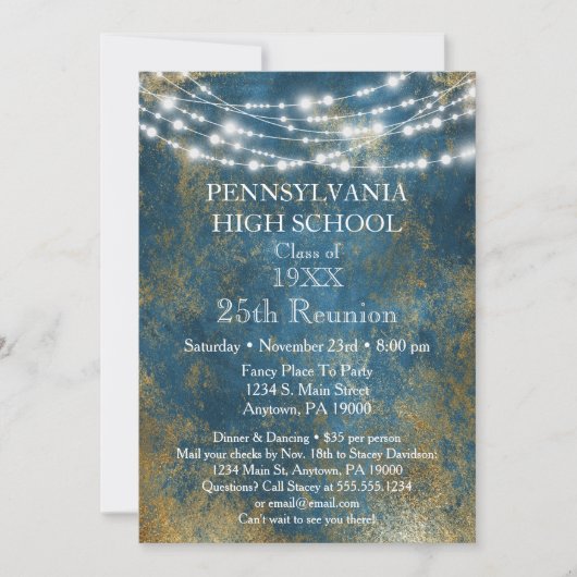 Blue Gold Lights School Wiedersehen Einladung (Vorderseite)