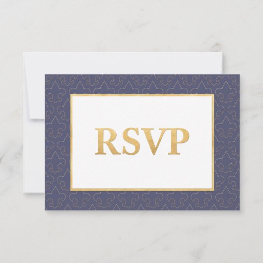Blue & Gold Lilie Wedding RSVP Card Karte (Vorderseite)