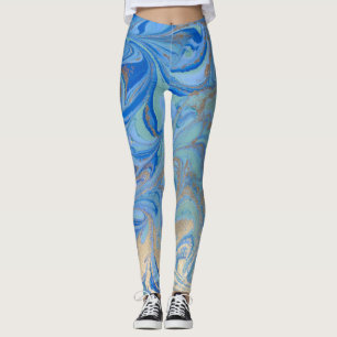 Blue Gold Liquid Watercolor Texture Leggings