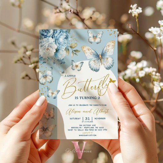 Blue Gold Little Butterfly Baby Dusche Einladung