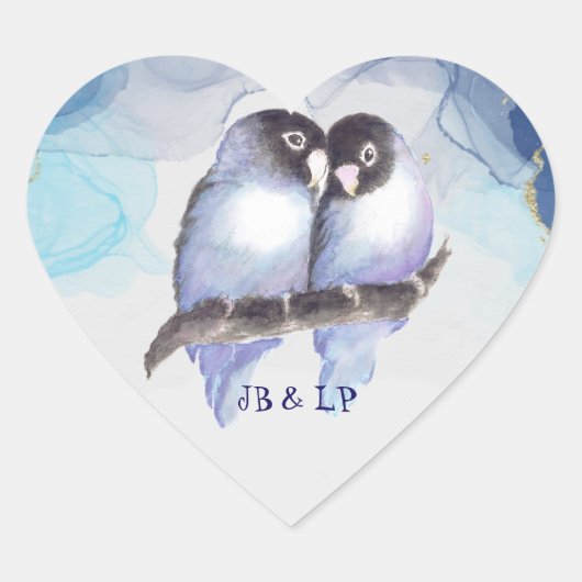 Blue Gold Lovebirds, Bird Heart Monogram Herz-Aufkleber (Vorderseite)