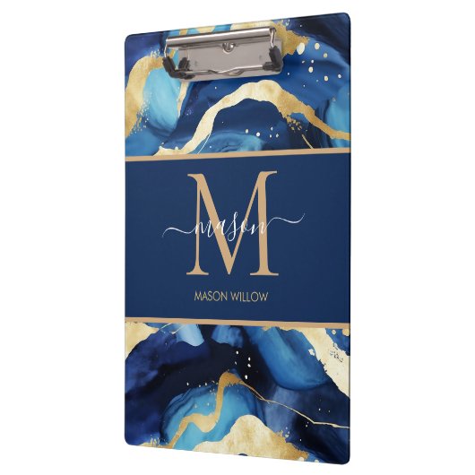 Blue Gold Mable Modern Monogram Script Name Clip Klemmbrett (Links)