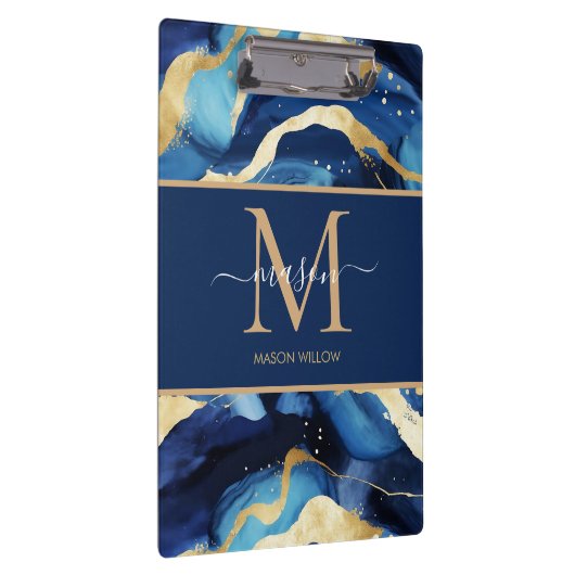 Blue Gold Mable Modern Monogram Script Name Clip Klemmbrett (Rechts)