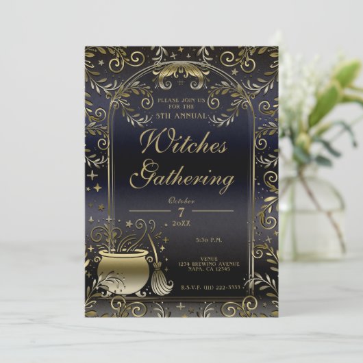 Blue Gold Magic Whimsical Wicca Hexen Ansammlung Einladung (Stehend Vorderseite)