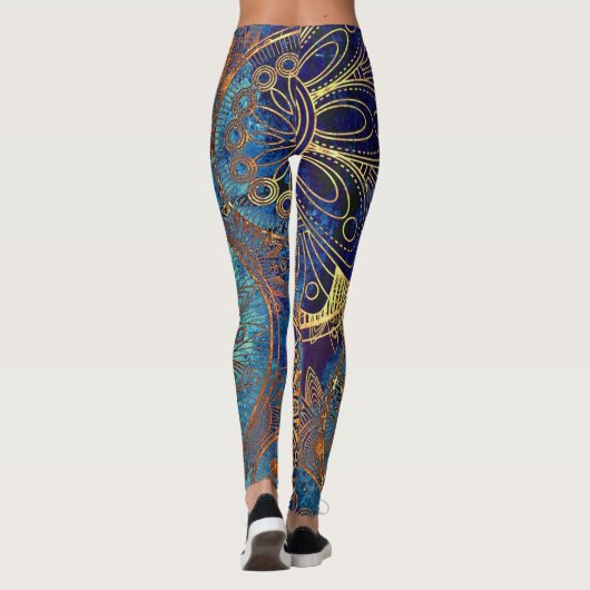 Blue Gold Mandala Celestial Steampunk Pattern Leggings (Rückseite)