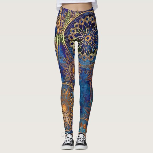 Blue Gold Mandala Celestial Steampunk Pattern Leggings (Vorderseite)