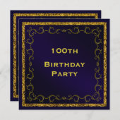 Blue & Gold Man's Double Sided 100. Geburtstag Einladung (Vorne/Hinten)