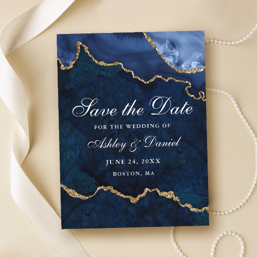 Blue Gold Marble Agate Geode Save the Date Ankündigungspostkarte