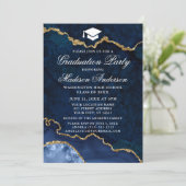 Blue Gold Marble Agate Graduation Party Einladung (Stehend Vorderseite)