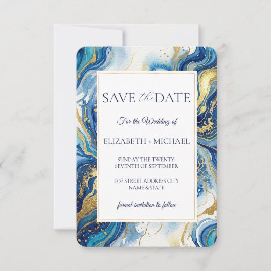 Blue Gold Marble Elegant Wedding Save the Date (Vorderseite)