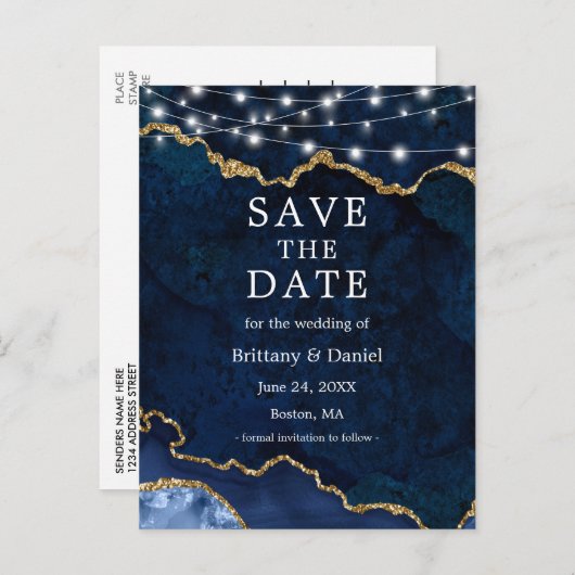 Blue Gold Marble Geode Lights Save the Date Ankündigungspostkarte (Vorne/Hinten)