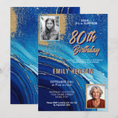 Blue Gold Marble Glitter 2 Photo 80th Birthday Einladung (Vorne/Hinten)