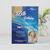 Blue Gold Marble Glitter Photo 80th Birthday Einladung (Stehend Vorderseite)