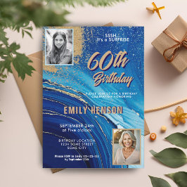 Blue Gold Marble Glitzer 2 Foto 60. Geburtstag Einladung