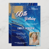 Blue Gold Marble Glitzer Foto 60. Geburtstag Einladung (Vorne/Hinten)